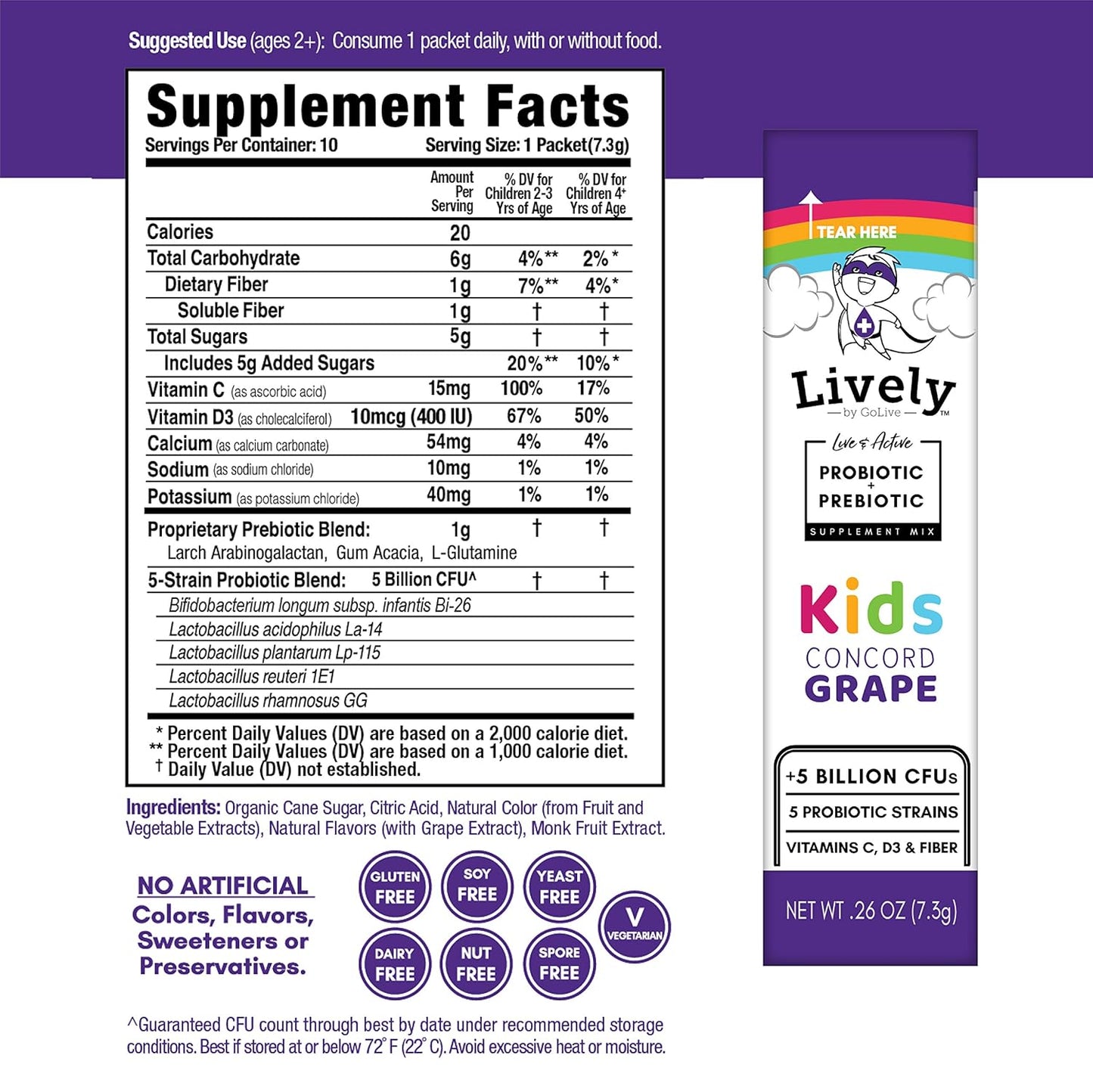 GoLive Lively Kids Concord Grape Synbiotic: 5 Clinical Strains, 5 Billion CFUs - Probiotics & Prebiotics for Digestion, Metabolism, Immunity - 10 Pack
