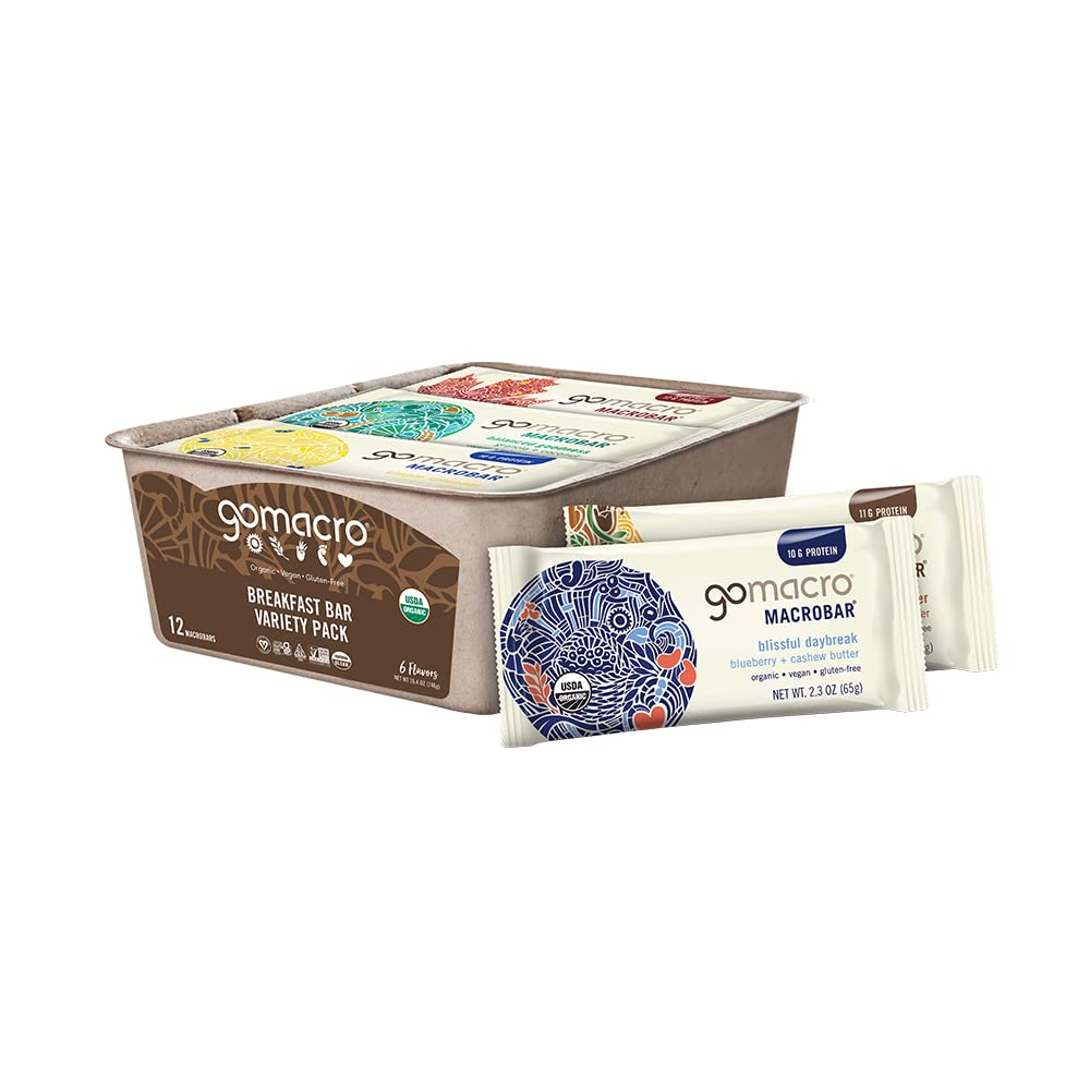 GoMacro MacroBar Organic Vegan Protein Bars - Breakfast Variety Pack, 12 Bars, 2.0-2.3 oz