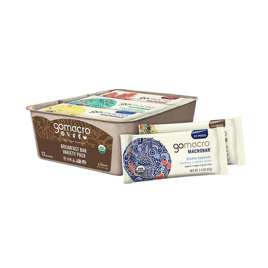 GoMacro MacroBar Organic Vegan Protein Bars - Breakfast Variety Pack, 12 Bars, 2.0-2.3 oz