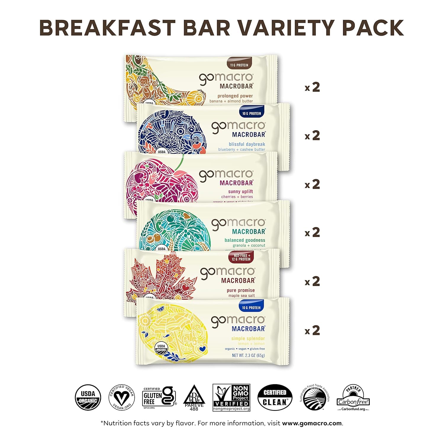 GoMacro MacroBar Organic Vegan Protein Bars - Breakfast Variety Pack, 12 Bars, 2.0-2.3 oz