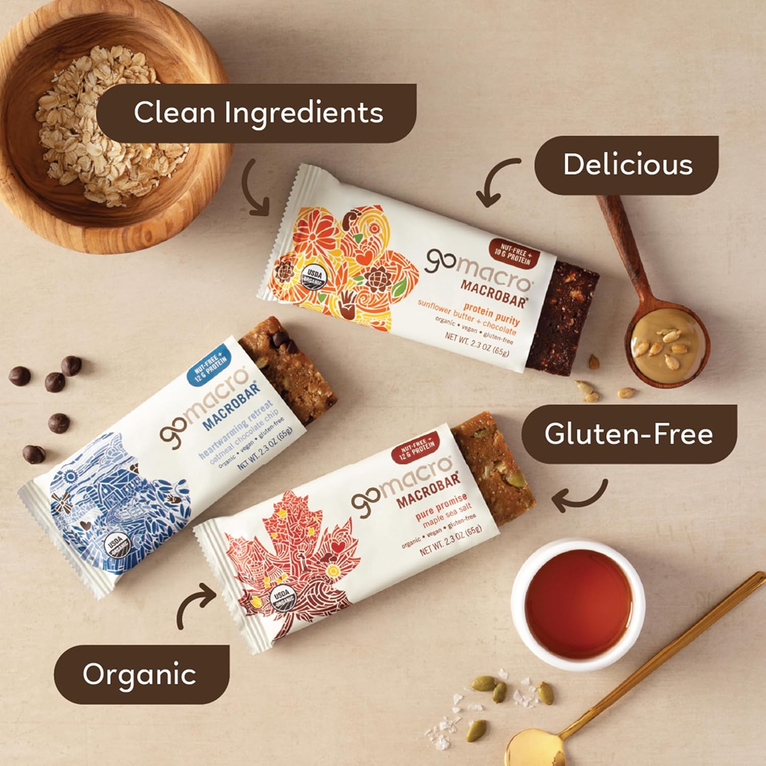 GoMacro MacroBar Organic Vegan Protein Bars - Nut-Free Variety Pack, 2.3 oz Bars, 12-Pack