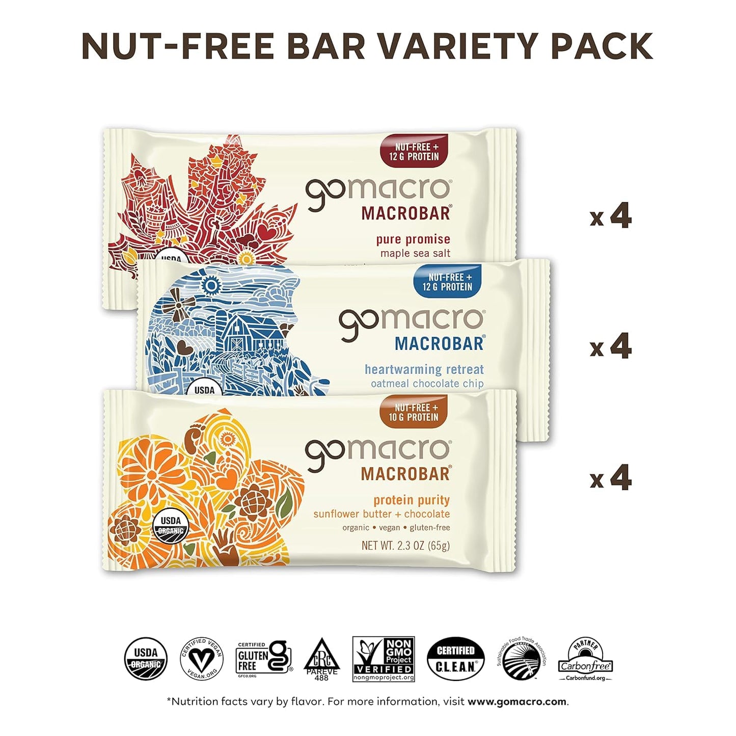 GoMacro MacroBar Organic Vegan Protein Bars - Nut-Free Variety Pack, 2.3 oz Bars, 12-Pack