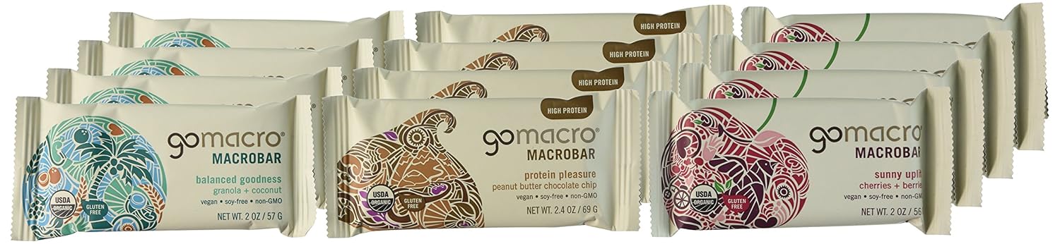 GoMacro MacroBar Variety Pack - 12 Organic Vegan Protein Bars, 2 Ounce Bars