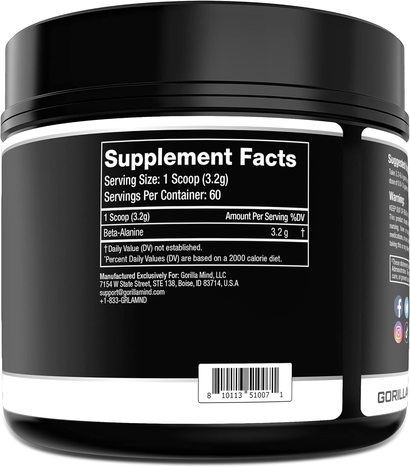 Gorilla Mind Beta-Alanine Supplement for Enhanced Muscular Endurance - 3.2 Grams per Serving