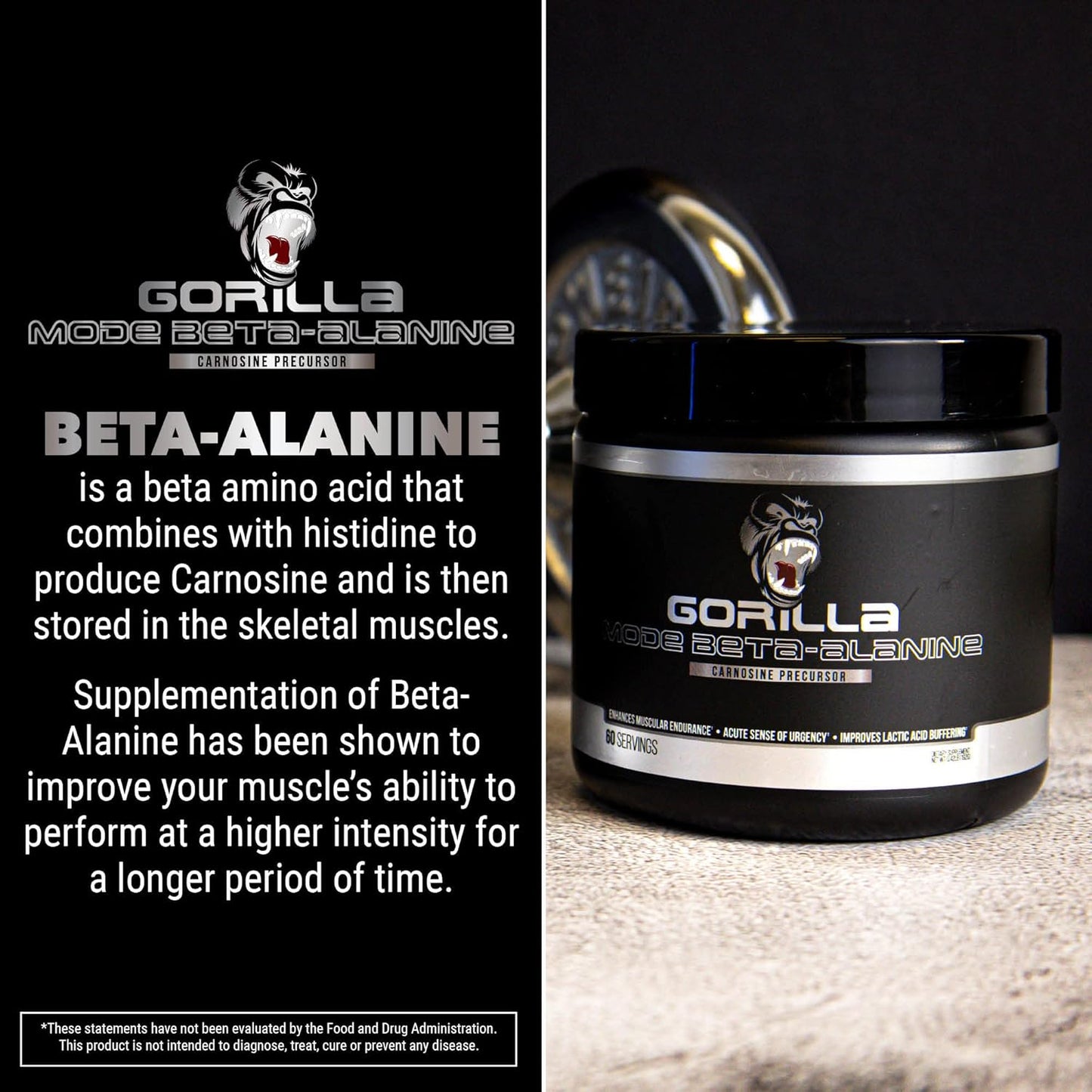 Gorilla Mind Beta-Alanine Supplement for Enhanced Muscular Endurance - 3.2 Grams per Serving