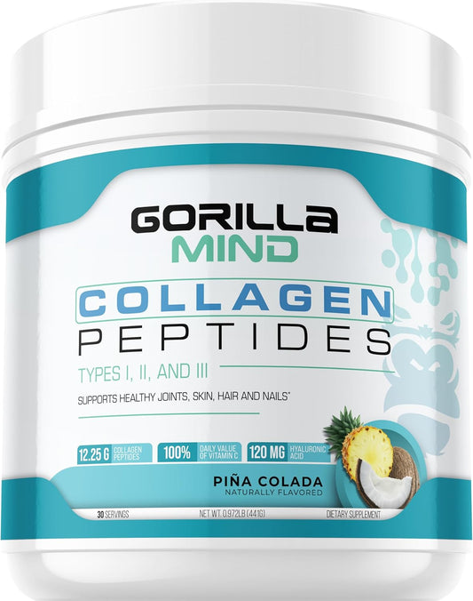 Gorilla Mind Collagen Peptides Powder - Piña Colada Flavor - Supports Joint, Bone, and Sleep Health - Types I, II, III - Mix in Water, Juice, or Smoothies - 441g