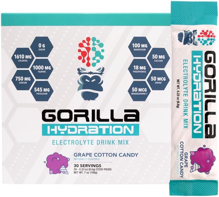 Gorilla Mind Electrolyte Hydration Packets - Cotton Candy Grape Flavor - 30 Count - Zero Sugar & Naturally Sweetened Drink Mix - Fasting Friendly