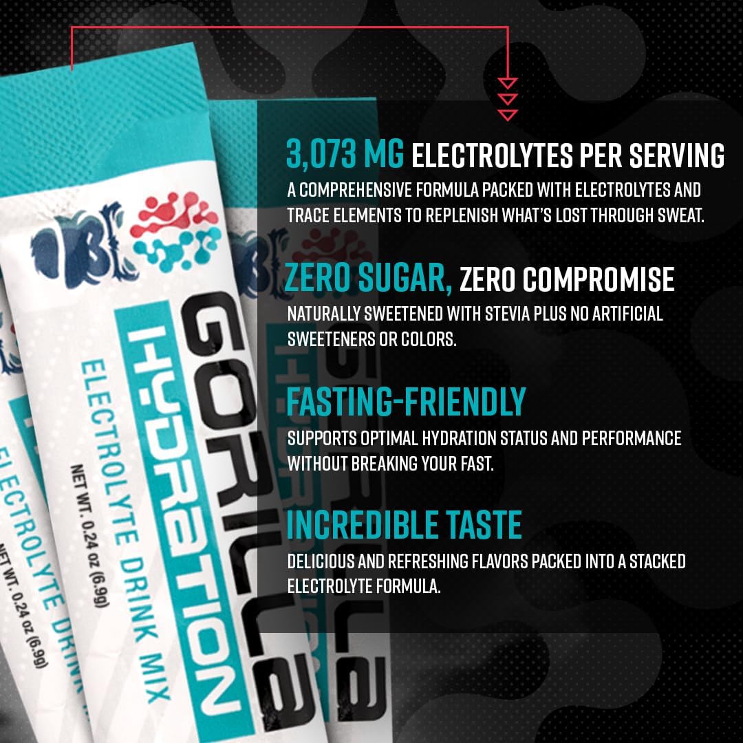 Gorilla Mind Electrolyte Hydration Packets - Cotton Candy Grape Flavor - 30 Count - Zero Sugar & Naturally Sweetened Drink Mix - Fasting Friendly