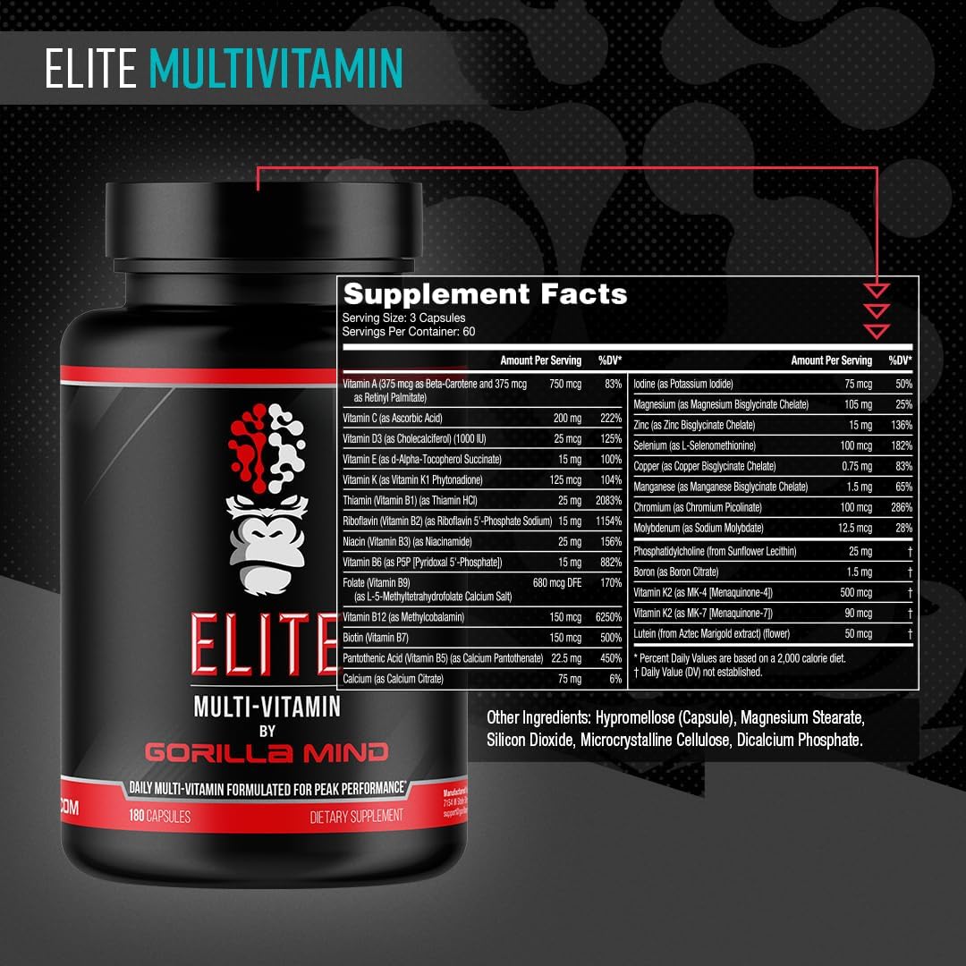 Gorilla Mind Elite Multi-Vitamin: 27 Nutrients for Peak Performance (180 Capsules)