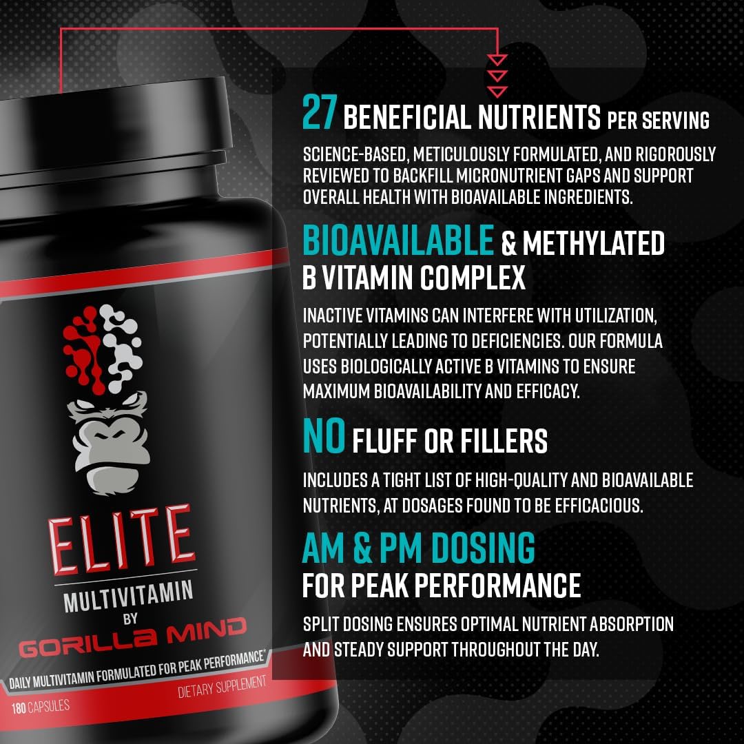 Gorilla Mind Elite Multi-Vitamin: 27 Nutrients for Peak Performance (180 Capsules)