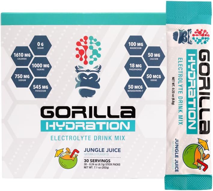 Gorilla Mind Hydration Packets - 30 Count Jungle Juice Electrolyte Drink Mix with Zero Sugar & Natural Sweeteners for On-the-Go Replenishment