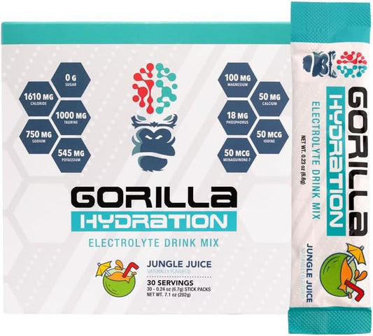 Gorilla Mind Hydration Packets - 30 Count Jungle Juice Electrolyte Drink Mix with Zero Sugar & Natural Sweeteners for On-the-Go Replenishment