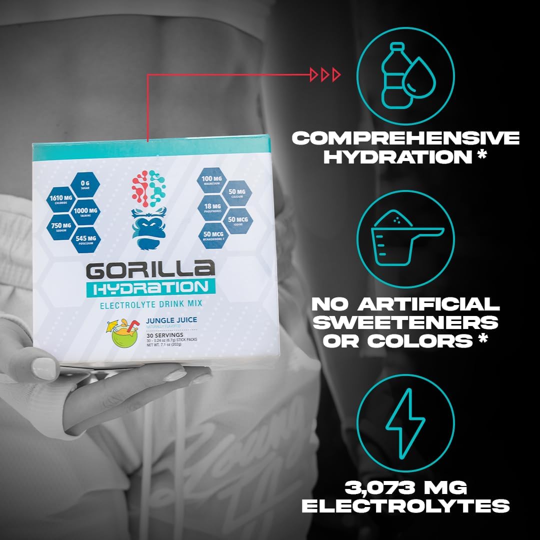 Gorilla Mind Hydration Packets - 30 Count Jungle Juice Electrolyte Drink Mix with Zero Sugar & Natural Sweeteners for On-the-Go Replenishment