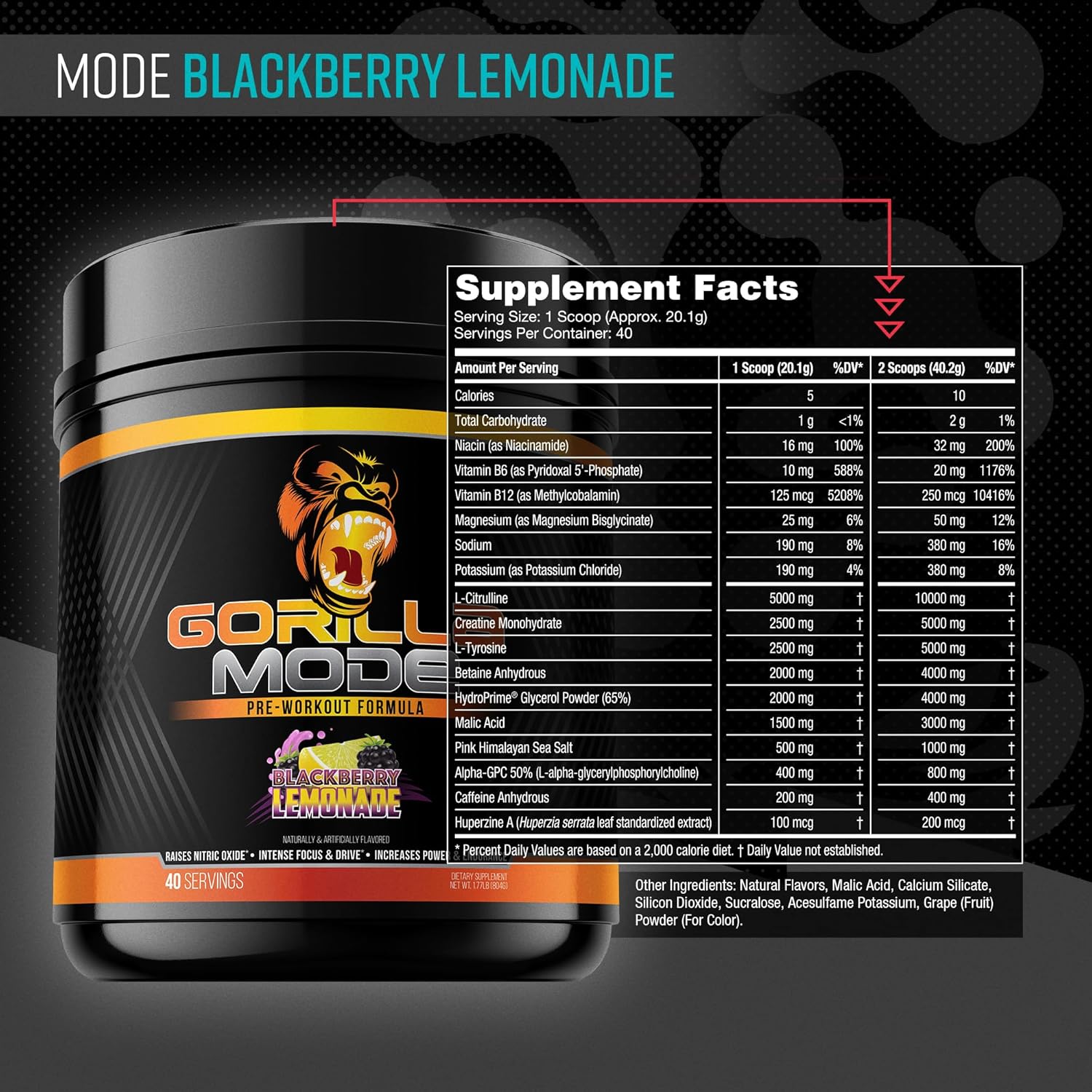 Gorilla Mind Pre Workout Supplement - Enhanced Energy and Focus Formula with L-Citrulline, Creatine, and Caffeine - 800g (BlackBerry Lemonade)