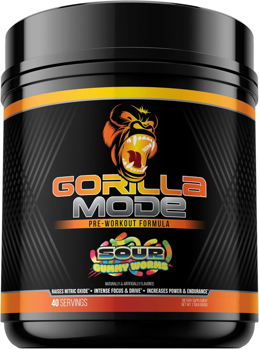 Gorilla Mind Pre Workout Supplement - Enhances Energy, Focus, and Power - 400mg Caffeine, Creatine, L-Citrulline, L-Tyrosine - Sour Gummy Worm Flavor - 800g