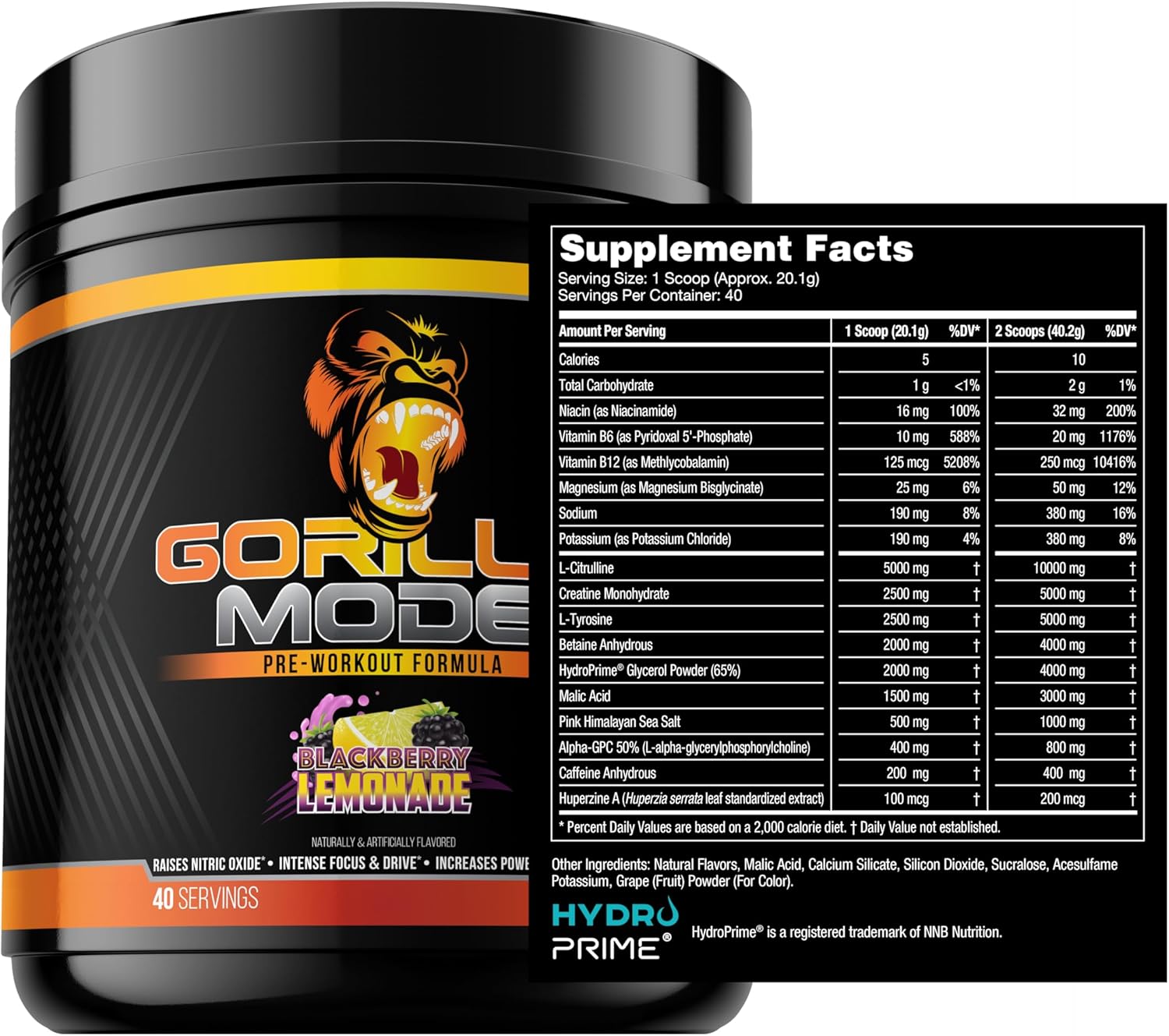Gorilla Mind Pre Workout Supplement 800g - Enhanced Energy, Focus, and Performance - L-Citrulline, Creatine, Betaine - BlackBerry Lemonade Flavor