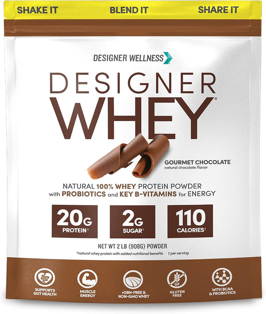 Gourmet Chocolate Designer Whey Protein Powder with Probiotics, Fiber, and B-Vitamins - 2 lb Gluten-Free Formula for Energy and Wellness