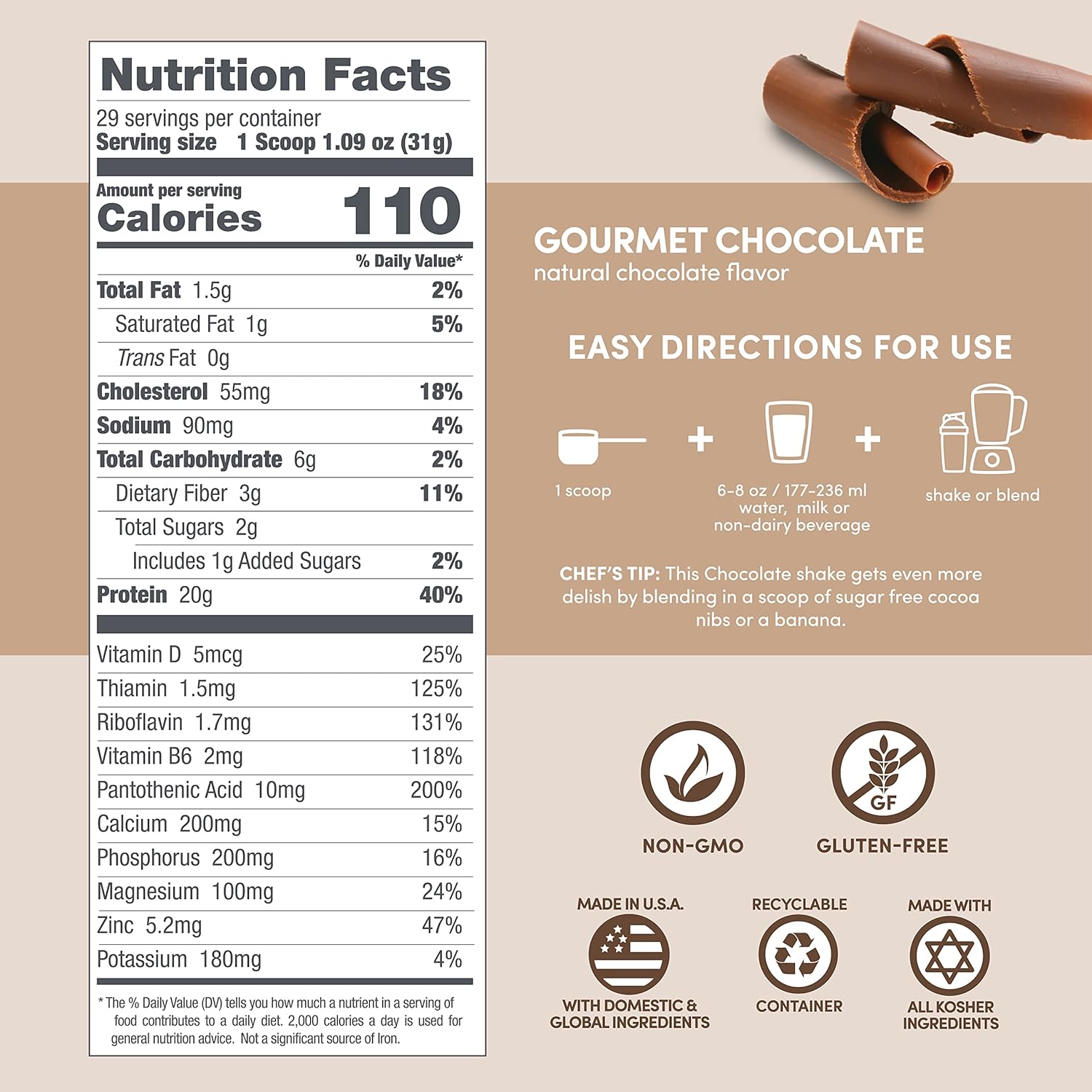Gourmet Chocolate Designer Whey Protein Powder with Probiotics, Fiber, and B-Vitamins - 2 lb Gluten-Free Formula for Energy and Wellness