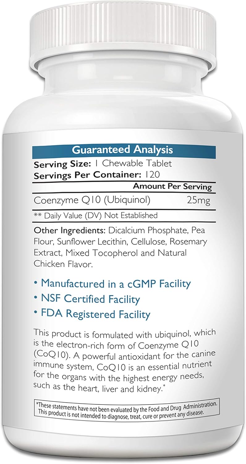 Grain-Free Coenzyme Q10 Ubiquinol Supplement for Dogs - Heart Health, Cognitive & Energy Support - 120 Chewable Tablets