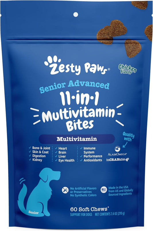 Grain-Free Dog Multivitamin Treats with Glucosamine Chondroitin, Digestive Enzymes, and Probiotics for Joint, Skin, Coat, and Immune Health - Chicken Flavor - 60ct