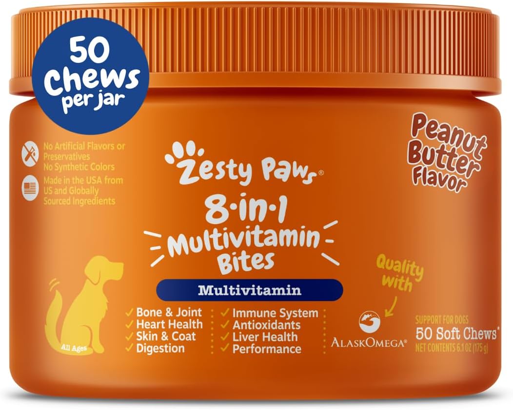 Grain Free Dog Multivitamin Treats with Glucosamine Chondroitin, Probiotics, and Enzymes for Joint, Skin, Coat, and Immune Health - 50 Count
