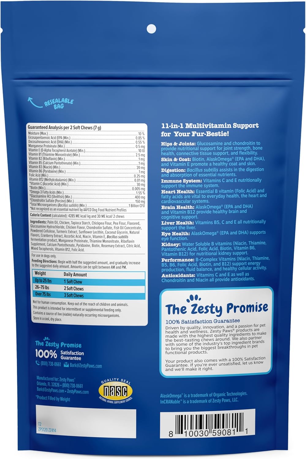 Grain-Free Dog Multivitamin Treats with Glucosamine Chondroitin, Digestive Enzymes, and Probiotics for Joint, Skin, Coat, and Immune Health - Chicken Flavor - 60ct