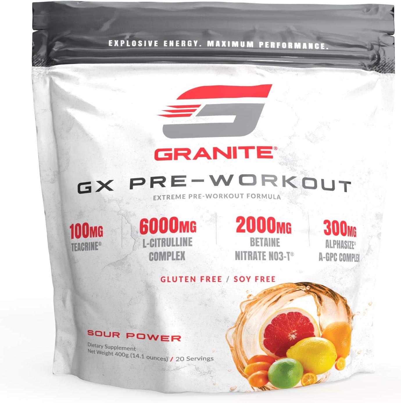 Granite GX Pre Workout Supplement - Sour Power Flavor - Enhances Focus, Energy, & Performance - Teacrine, L-Citrulline, Betaine, A-GPC - 20 Servings