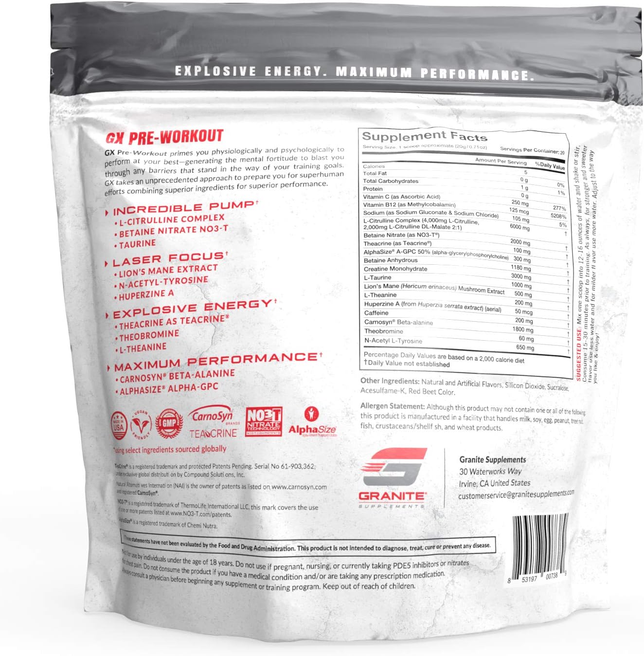Granite GX Pre Workout Supplement - Sour Power Flavor - Enhances Focus, Energy, & Performance - Teacrine, L-Citrulline, Betaine, A-GPC - 20 Servings