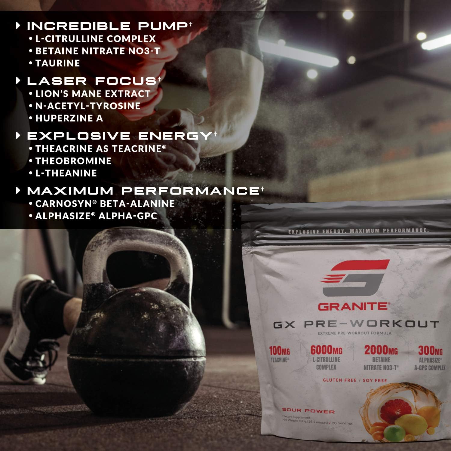 Granite GX Pre Workout Supplement - Sour Power Flavor - Enhances Focus, Energy, & Performance - Teacrine, L-Citrulline, Betaine, A-GPC - 20 Servings