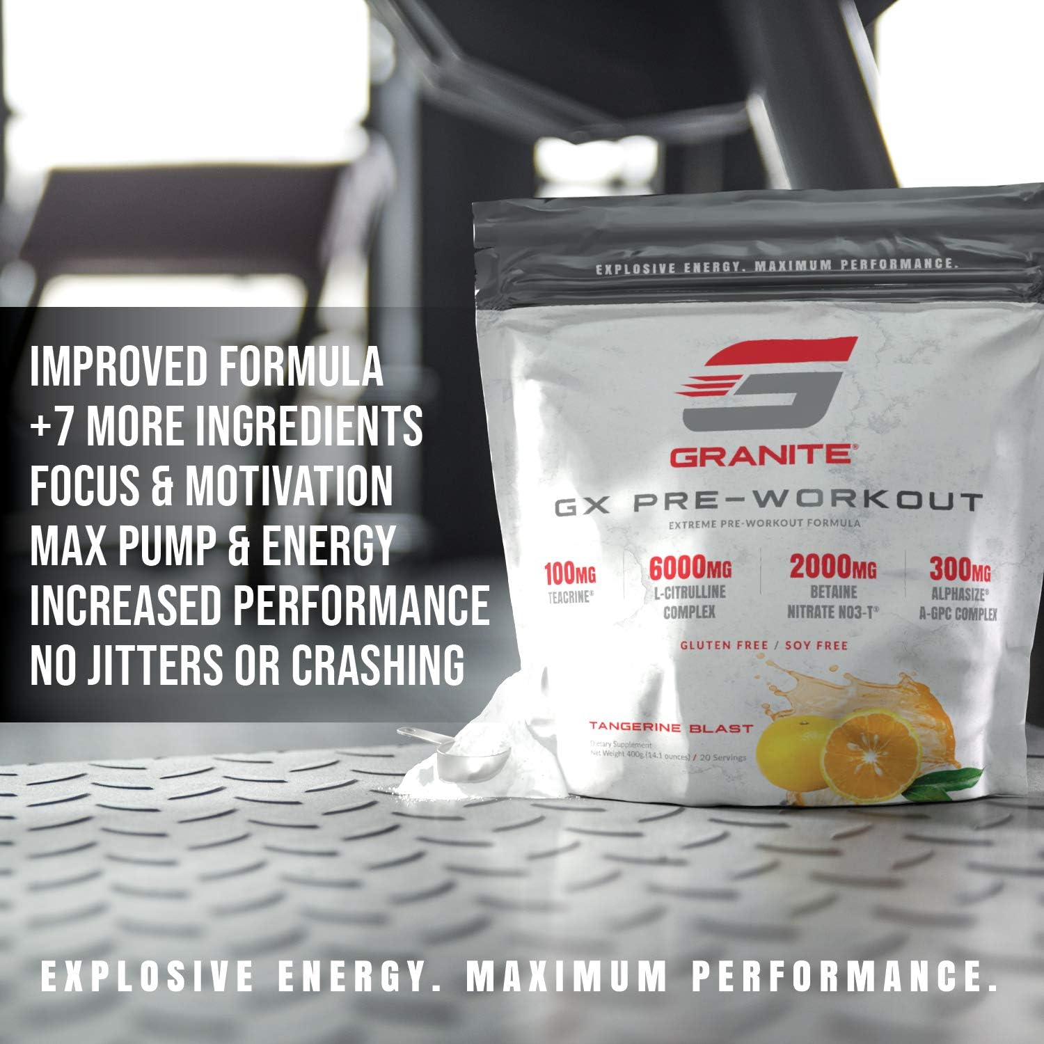Granite GX Pre Workout Supplement - Sour Power Flavor - Enhances Focus, Energy, & Performance - Teacrine, L-Citrulline, Betaine, A-GPC - 20 Servings