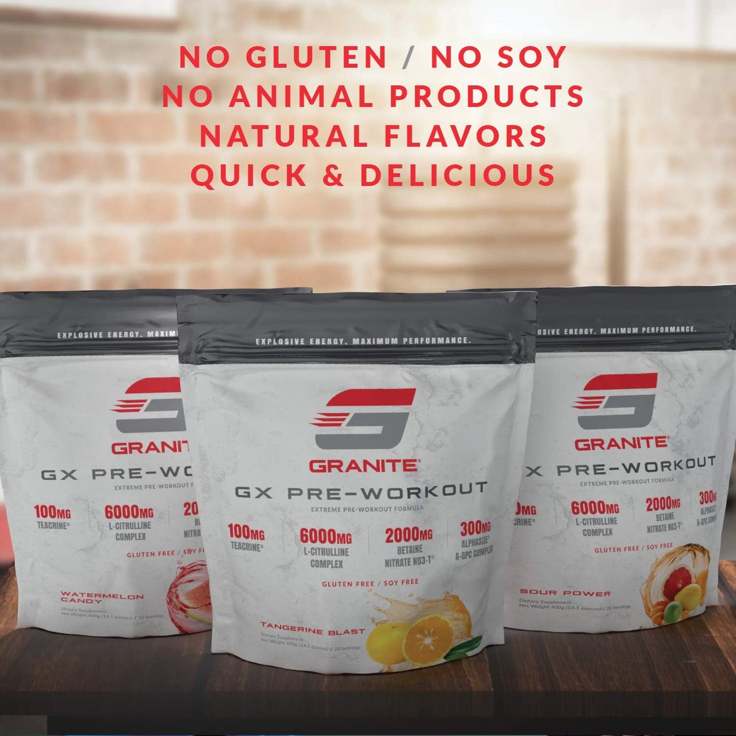 Granite GX Pre Workout Supplement - Sour Power Flavor - Enhances Focus, Energy, & Performance - Teacrine, L-Citrulline, Betaine, A-GPC - 20 Servings