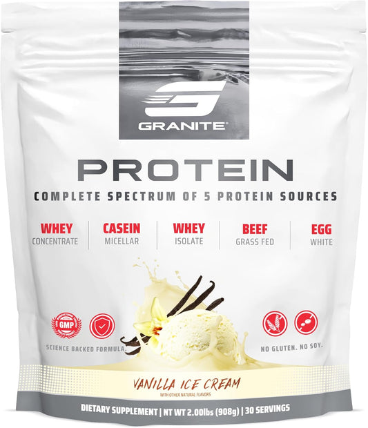 Granite Protein Powder: Vanilla Whey Isolate & Concentrate Blend with Casein for Muscle Building & Recovery - 23g Protein (30 Servings)
