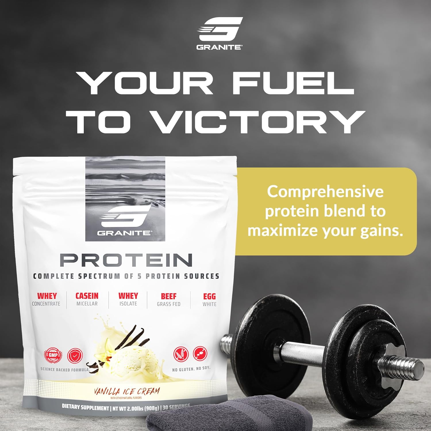 Granite Protein Powder: Vanilla Whey Isolate & Concentrate Blend with Casein for Muscle Building & Recovery - 23g Protein (30 Servings)