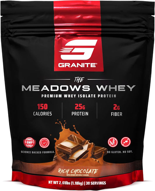 Granite Supplements The Meadows Whey Isolate Protein Powder - Rich Chocolate Flavor, 150 Calories, 2g Fiber, 1g Sugar - 30 Servings
