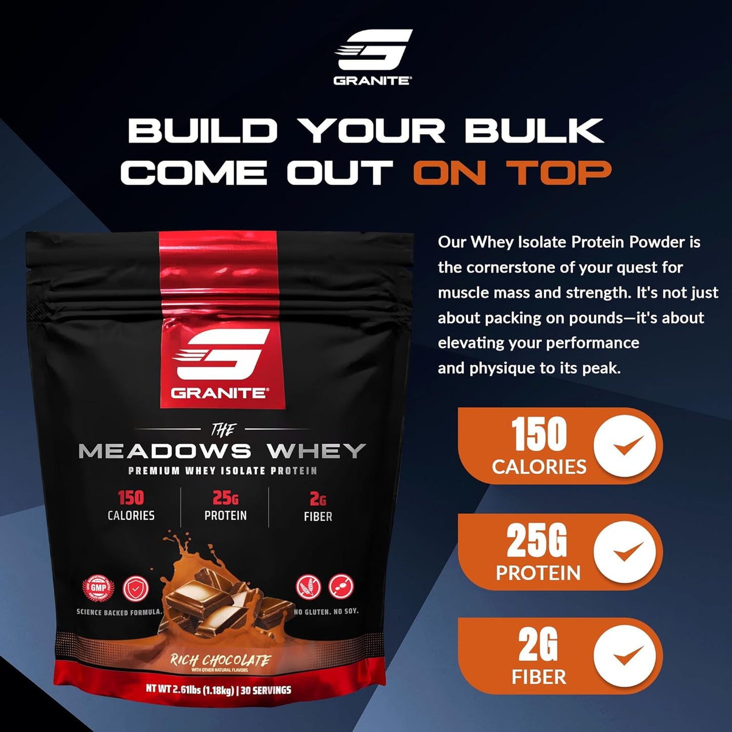 Granite Supplements The Meadows Whey Isolate Protein Powder - Rich Chocolate Flavor, 150 Calories, 2g Fiber, 1g Sugar - 30 Servings