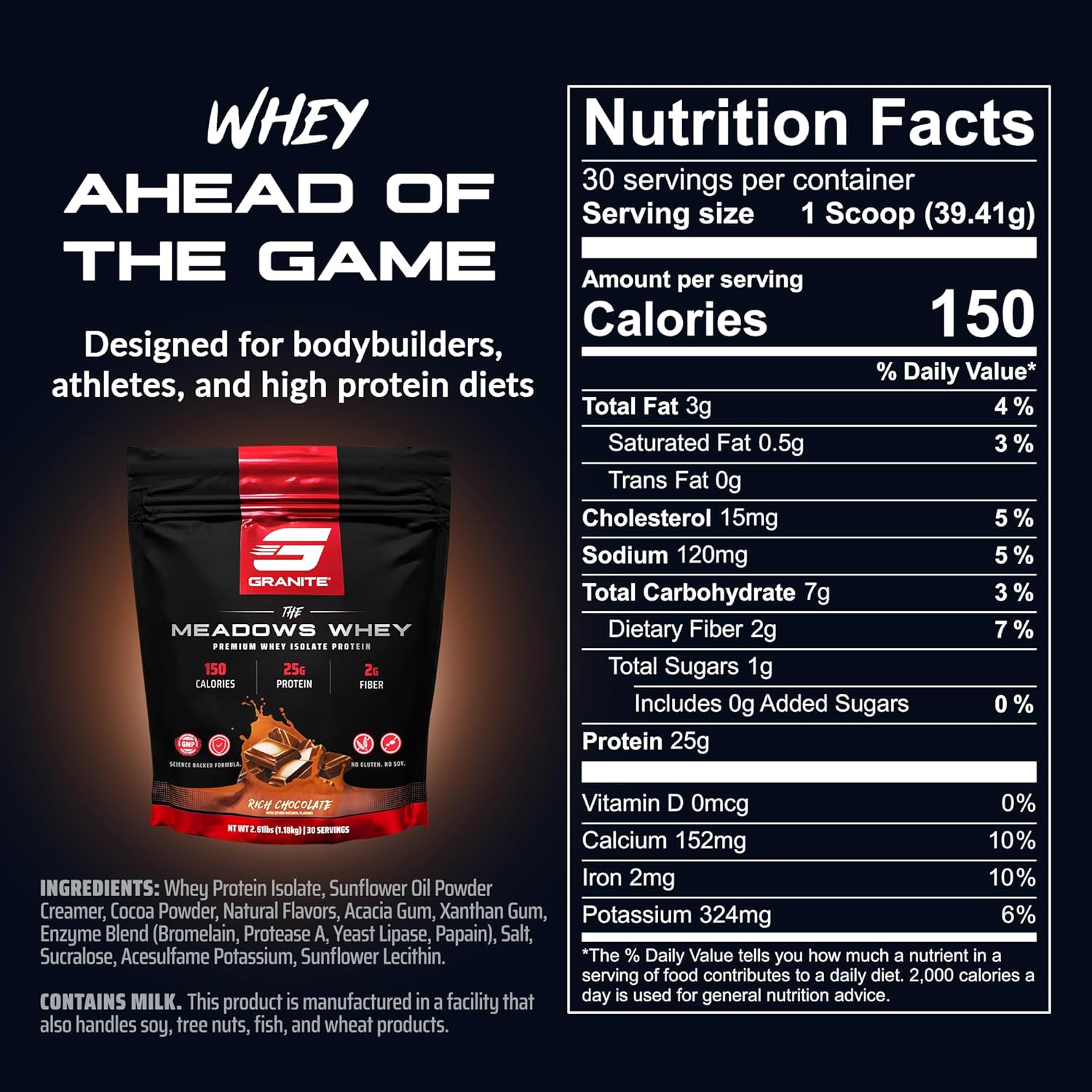 Granite Supplements The Meadows Whey Isolate Protein Powder - Rich Chocolate Flavor, 150 Calories, 2g Fiber, 1g Sugar - 30 Servings