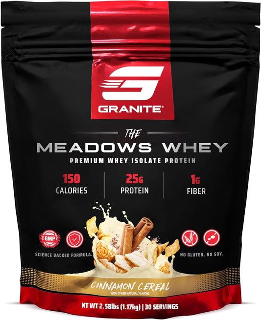 Granite Supplements The Meadows Whey Protein Isolate - Cinnamon Cereal Flavor, 30 Servings, 150 Calories, 1g Fiber, 1g Sugar - Lean Muscle Protein Powder