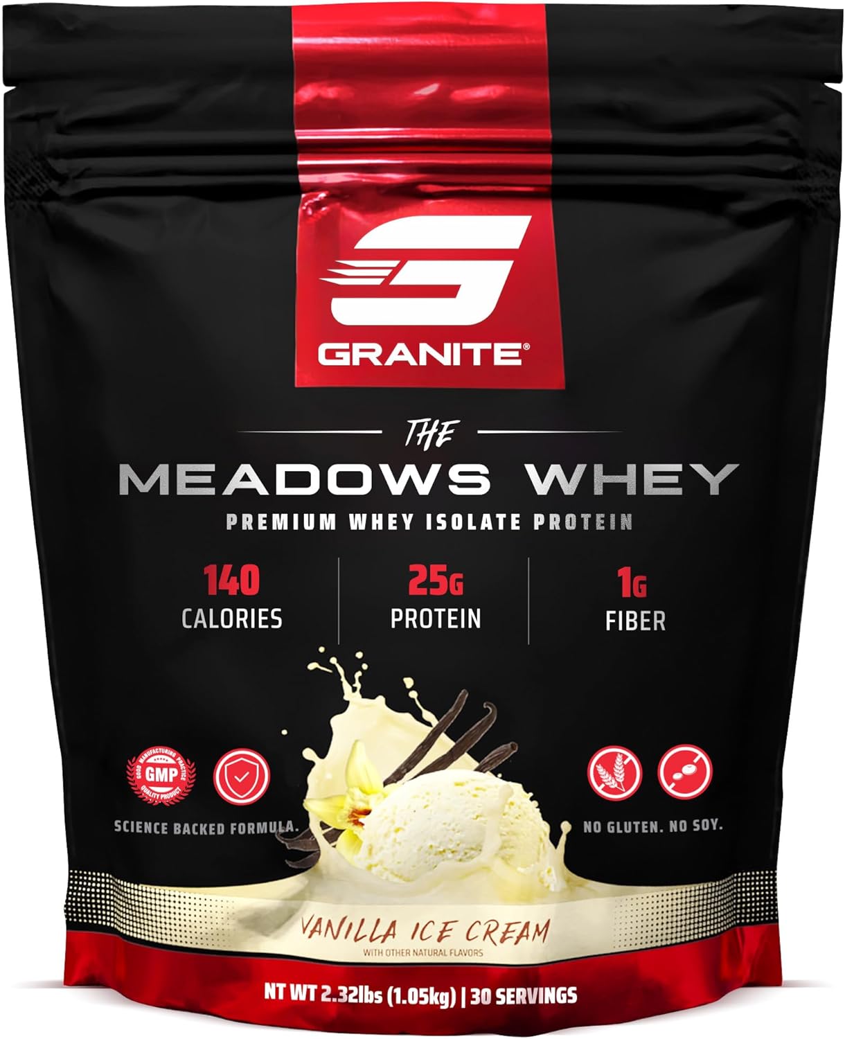 Granite Supplements The Meadows Whey Protein Isolate - Vanilla Ice Cream Flavor - 30 Servings - 140 Calories - Ideal for Lean Muscle - Low Sugar and High Fiber