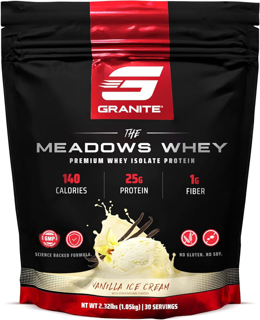 Granite Supplements The Meadows Whey Protein Isolate - Vanilla Ice Cream Flavor - 30 Servings - 140 Calories - Ideal for Lean Muscle - Low Sugar and High Fiber