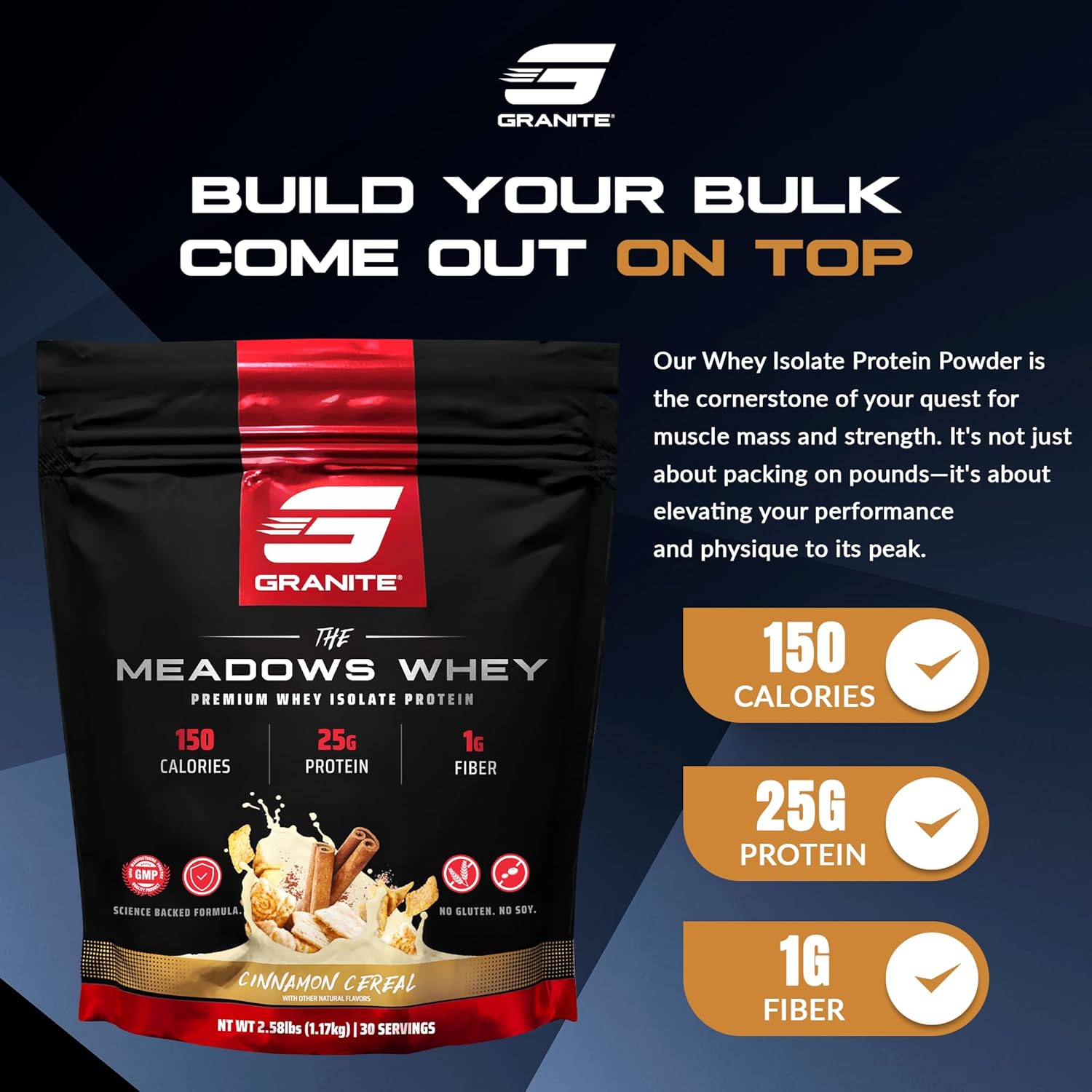Granite Supplements The Meadows Whey Protein Isolate - Cinnamon Cereal Flavor, 30 Servings, 150 Calories, 1g Fiber, 1g Sugar - Lean Muscle Protein Powder