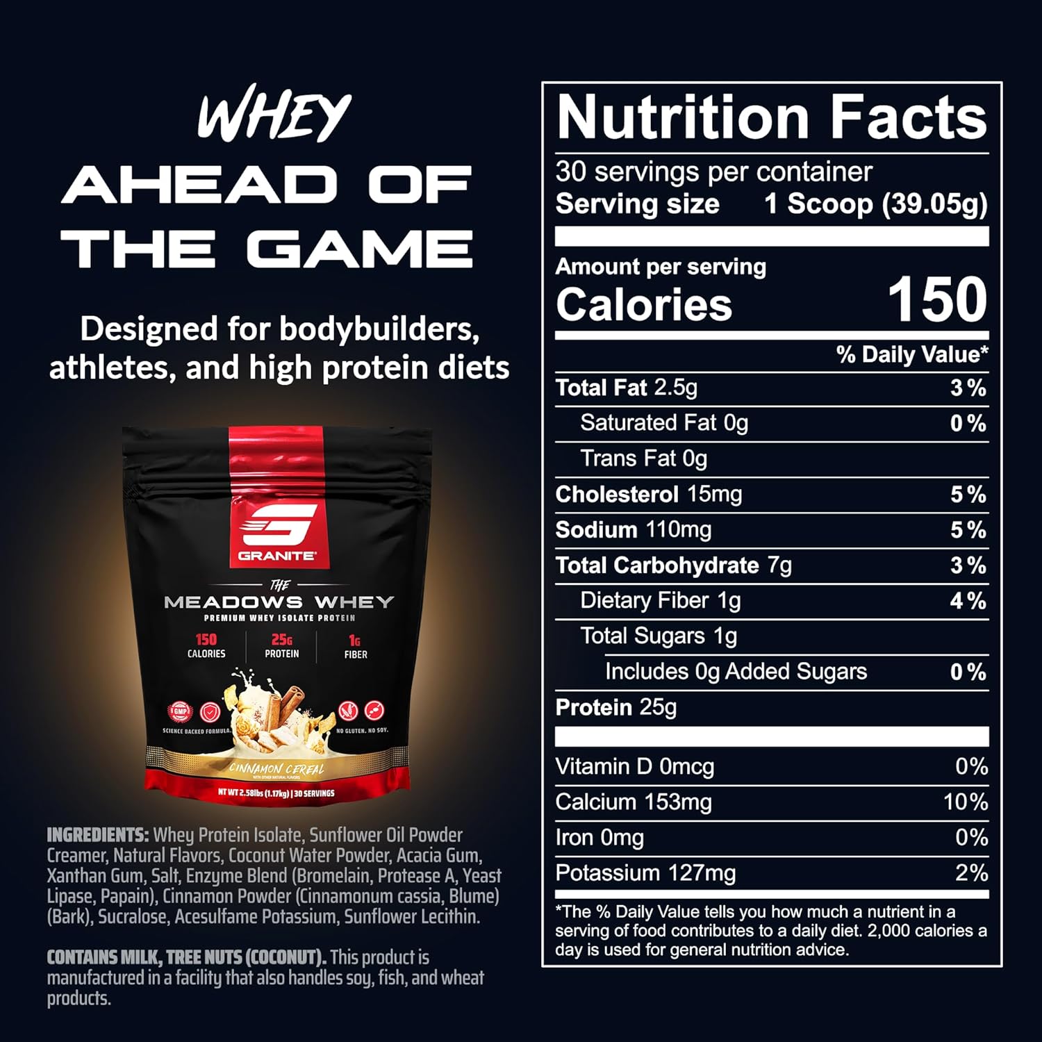 Granite Supplements The Meadows Whey Protein Isolate - Cinnamon Cereal Flavor, 30 Servings, 150 Calories, 1g Fiber, 1g Sugar - Lean Muscle Protein Powder
