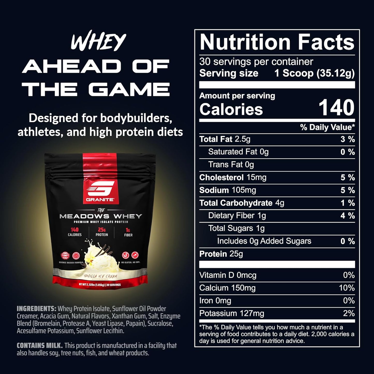 Granite Supplements The Meadows Whey Protein Isolate - Vanilla Ice Cream Flavor - 30 Servings - 140 Calories - Ideal for Lean Muscle - Low Sugar and High Fiber