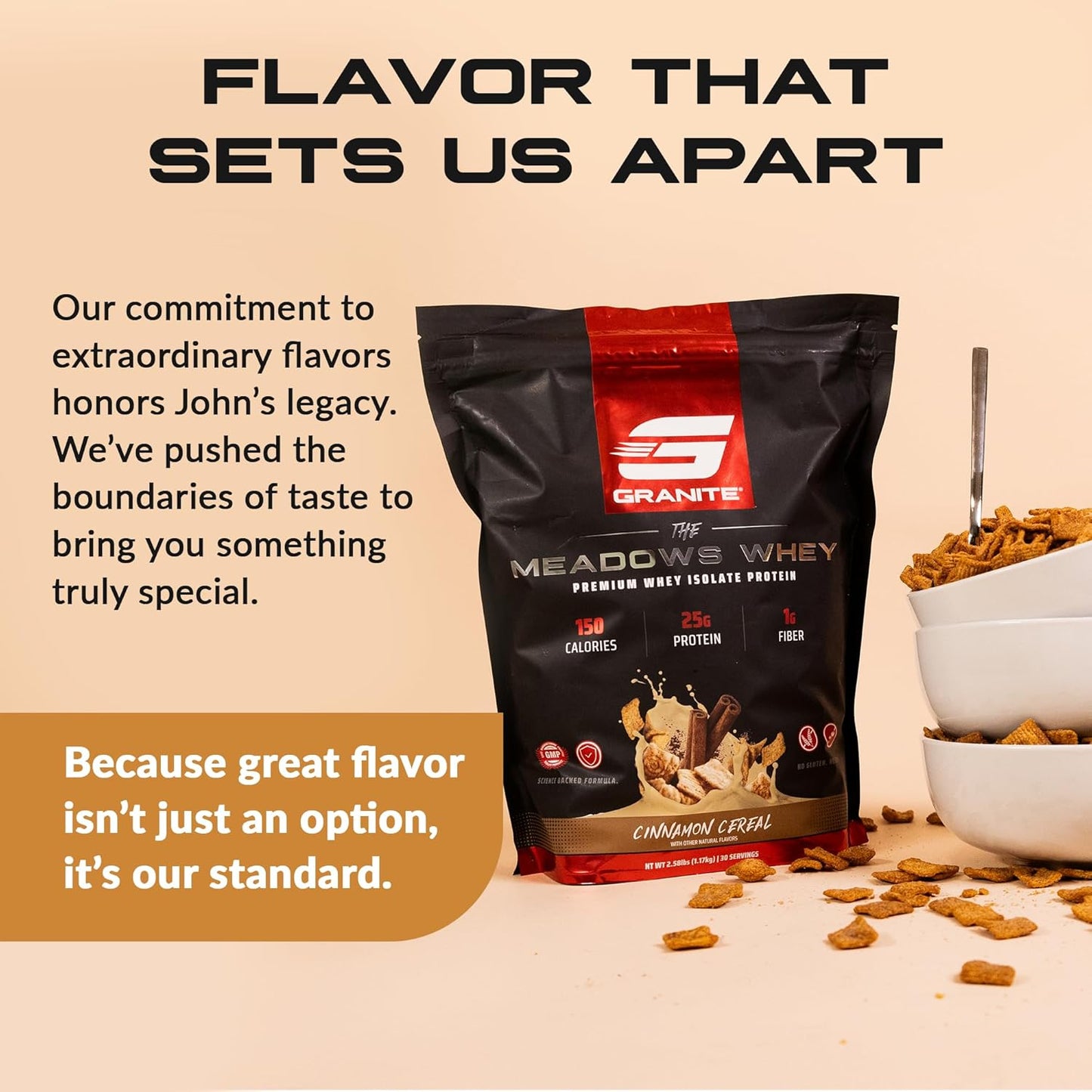 Granite Supplements The Meadows Whey Protein Isolate - Cinnamon Cereal Flavor, 30 Servings, 150 Calories, 1g Fiber, 1g Sugar - Lean Muscle Protein Powder