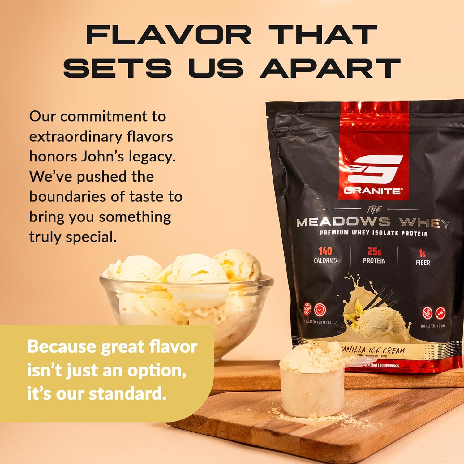 Granite Supplements The Meadows Whey Protein Isolate - Vanilla Ice Cream Flavor - 30 Servings - 140 Calories - Ideal for Lean Muscle - Low Sugar and High Fiber