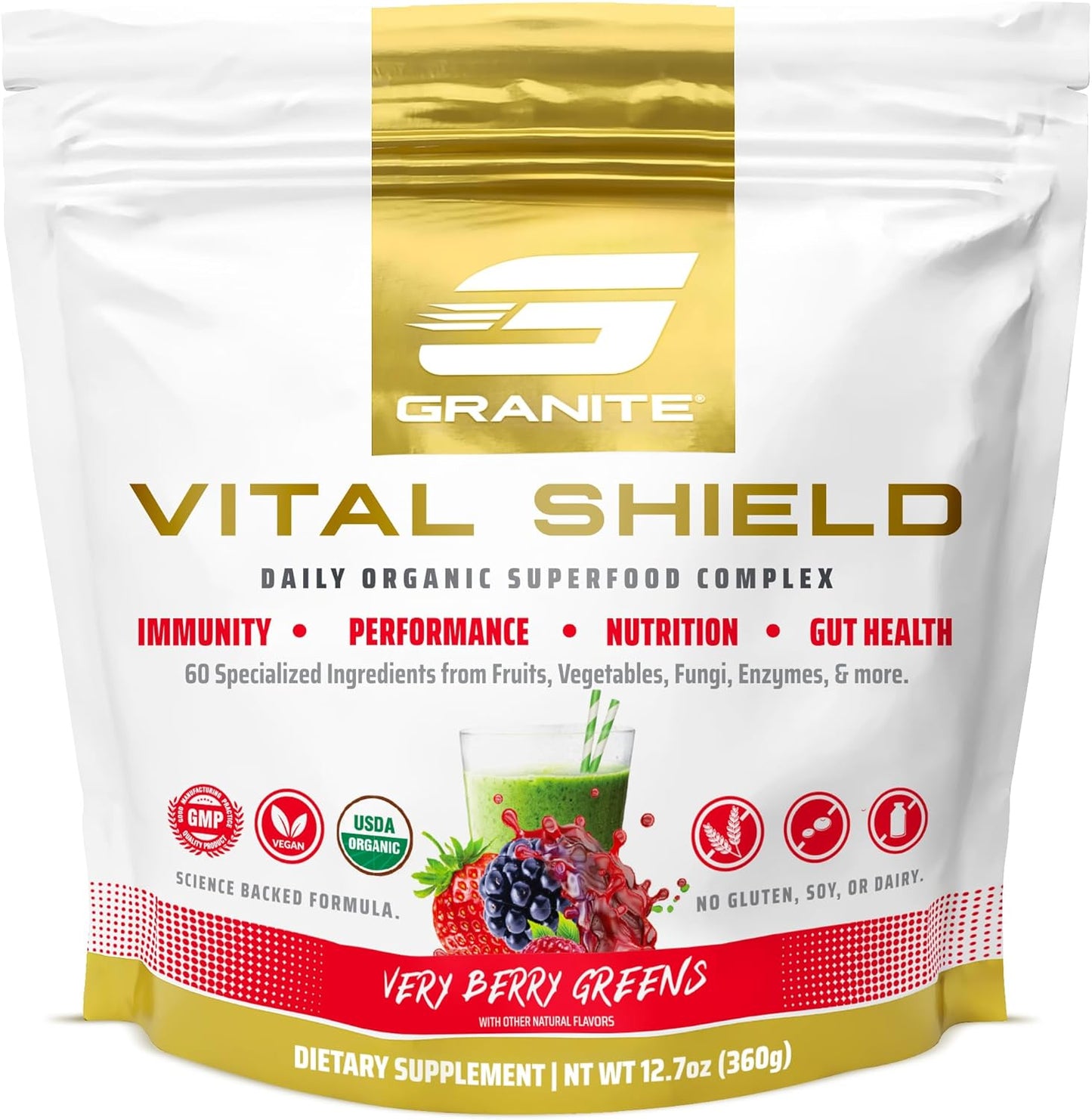 Granite Supplements Vital Shield Very Berry Greens Superfood Powder - Performance, Gut Health, Immunity Support (30 Servings)