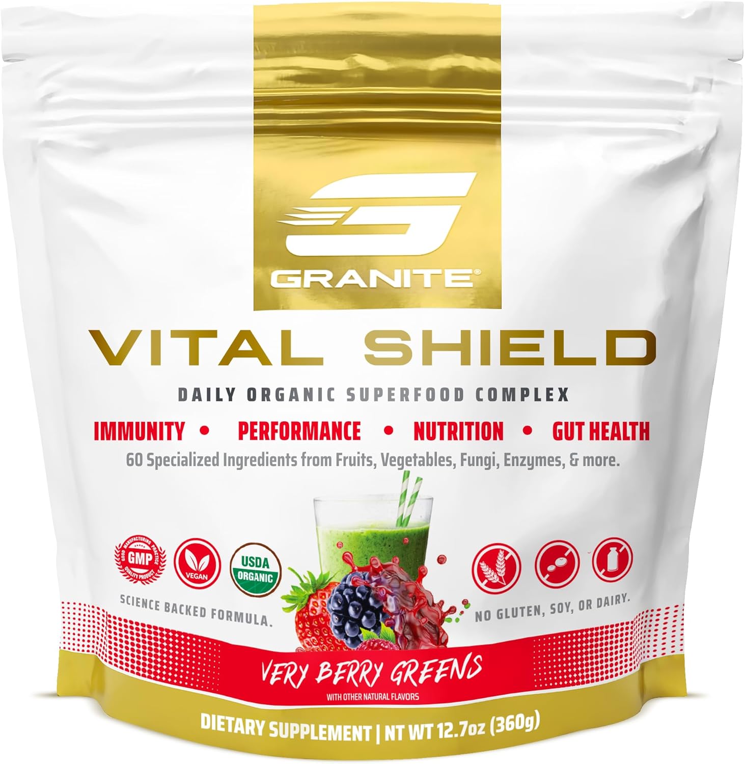 Granite Supplements Vital Shield Very Berry Greens Superfood Powder - Performance, Gut Health, Immunity Support (30 Servings)
