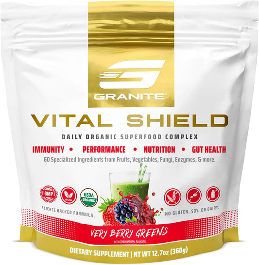 Granite Supplements Vital Shield Very Berry Greens Superfood Powder - Performance, Gut Health, Immunity Support (30 Servings)