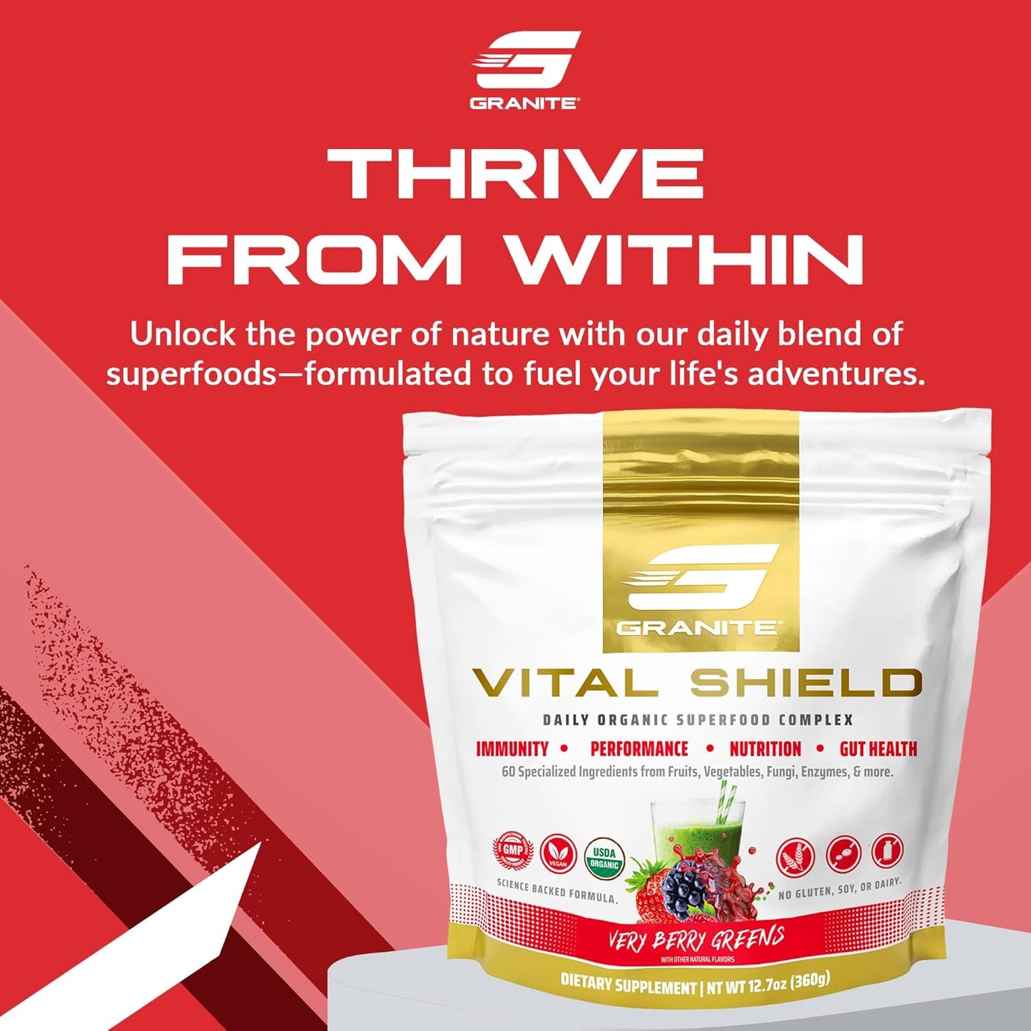 Granite Supplements Vital Shield Very Berry Greens Superfood Powder - Performance, Gut Health, Immunity Support (30 Servings)