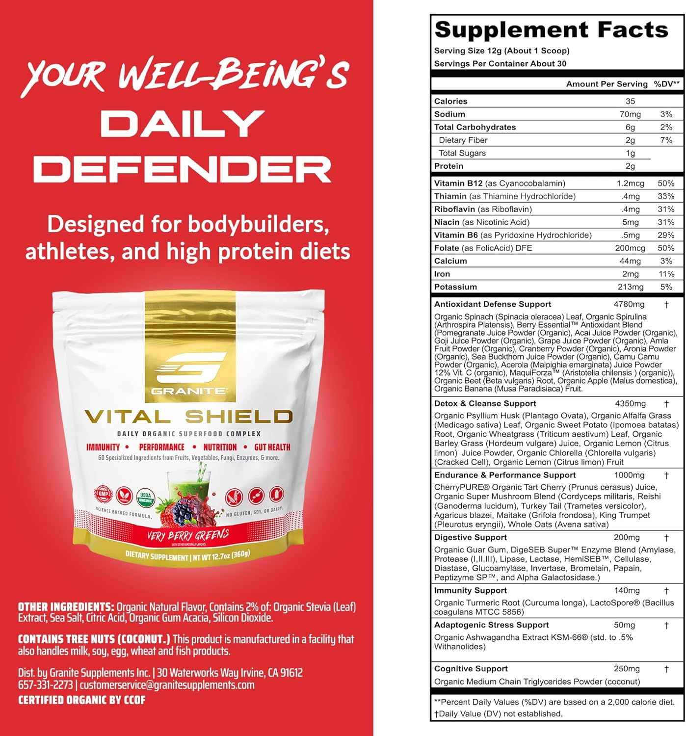 Granite Supplements Vital Shield Very Berry Greens Superfood Powder - Performance, Gut Health, Immunity Support (30 Servings)