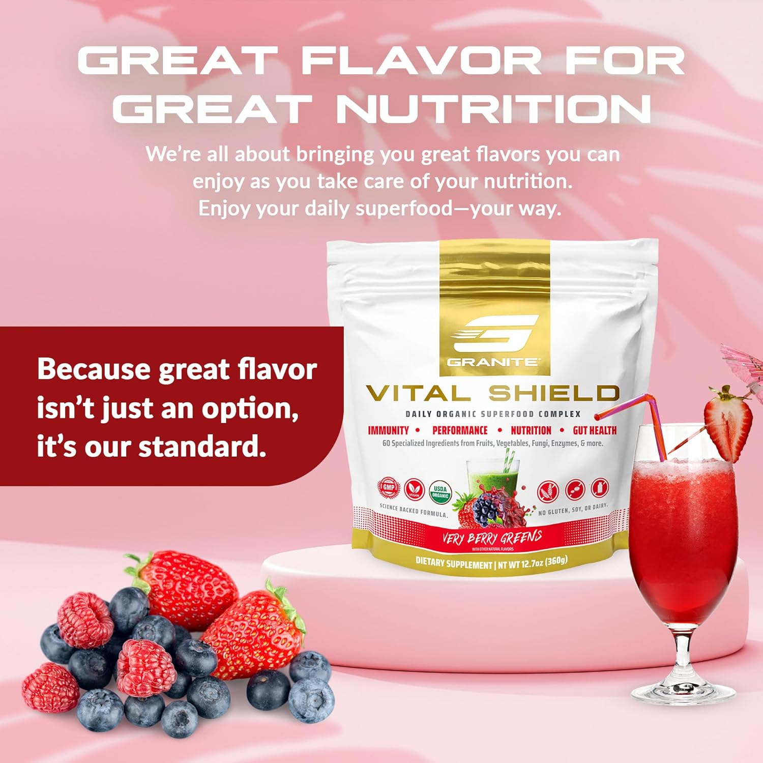 Granite Supplements Vital Shield Very Berry Greens Superfood Powder - Performance, Gut Health, Immunity Support (30 Servings)